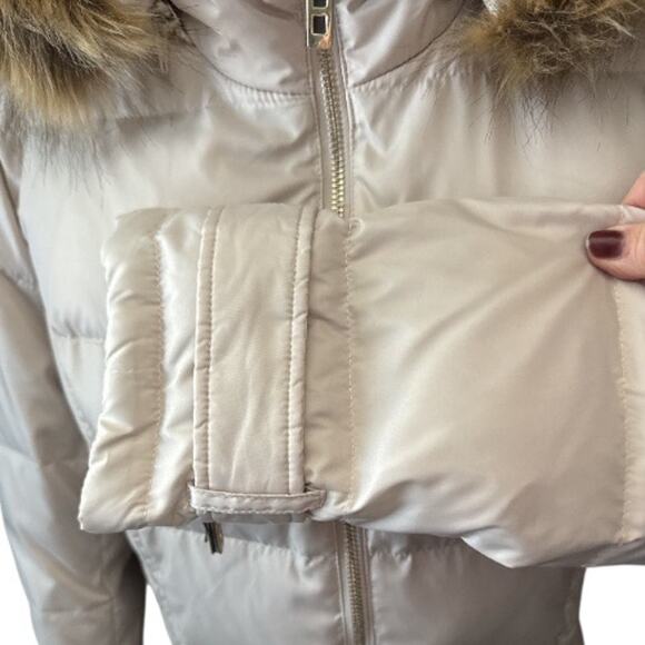 Kenneth Cole Cream Down Puffer Coat Faux Fur Trim Hood M - Picture 3 of 10